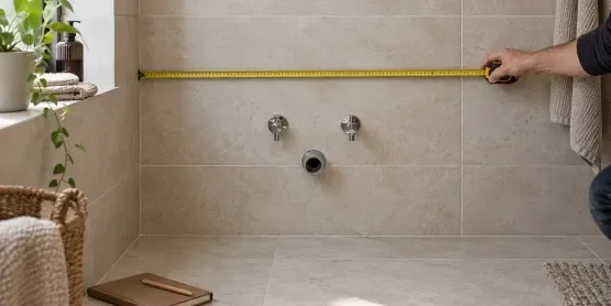 Merenje širine prostora za kupatilski ormarić sa vidljivim dovodima vode i zidnim odvodom.